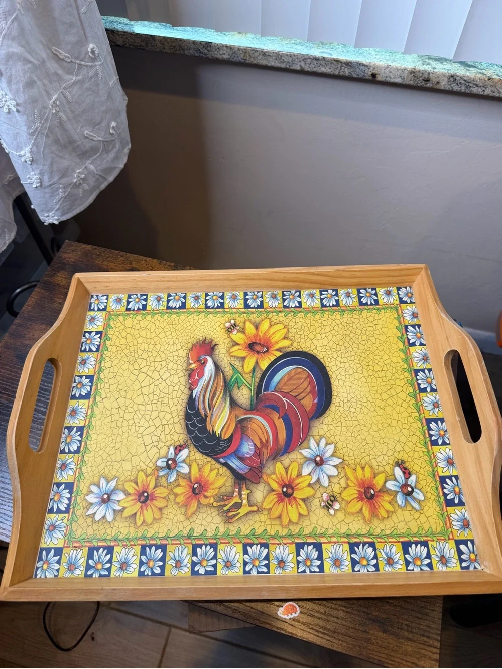 Vintage wooden serving tray vibrant hand-painted rooster sunflower motif 17x13